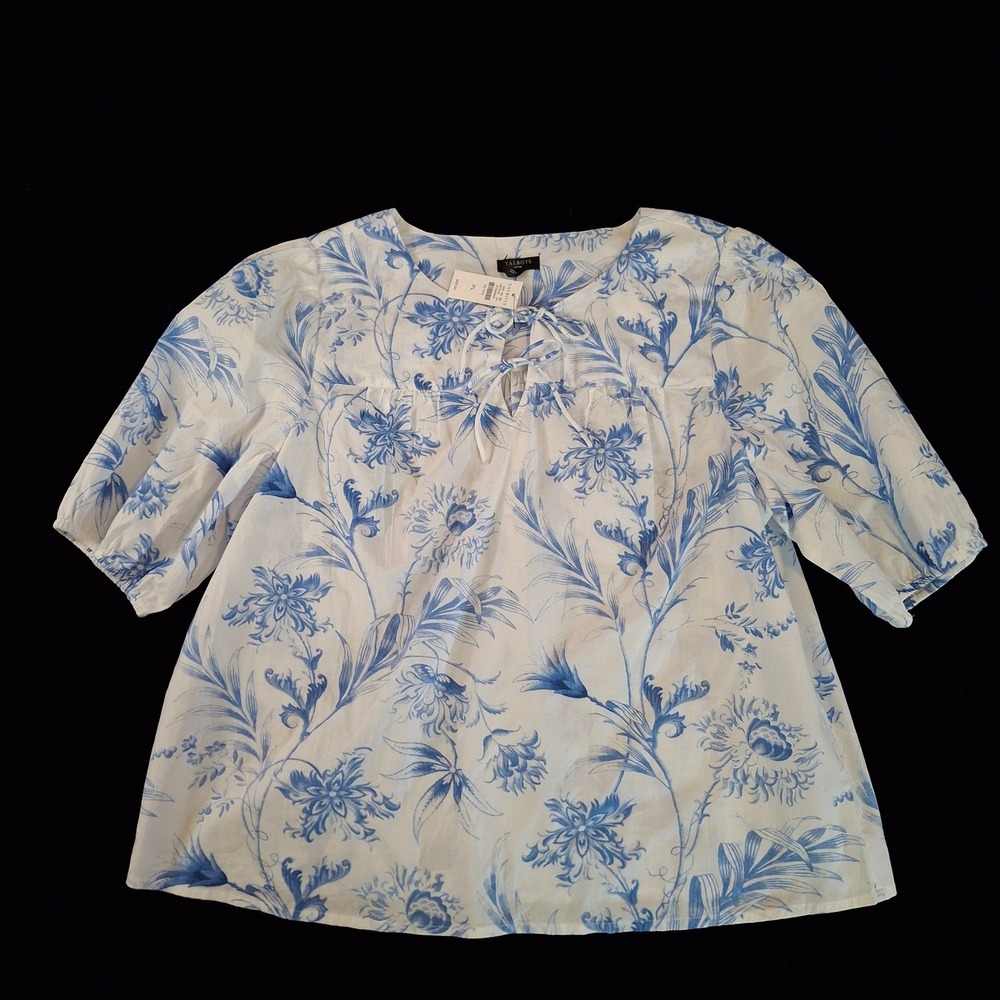Talbots Womens PL Blouse Blue White Floral Toile Cotton Large Petite NWT